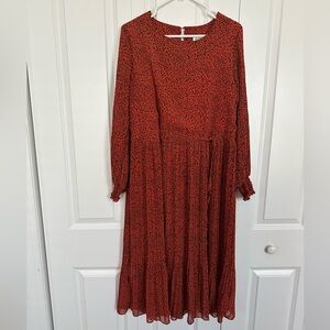 Madison Orange & black midi long sleeve pleated dress